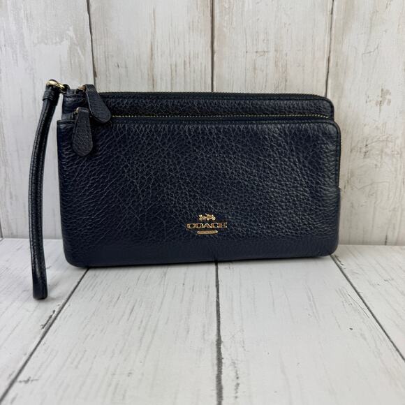 Coach Midnight Blue Gold Pebbled Leather Multi Double Zip Wallet Wristlet CU919 - Picture 2 of 16
